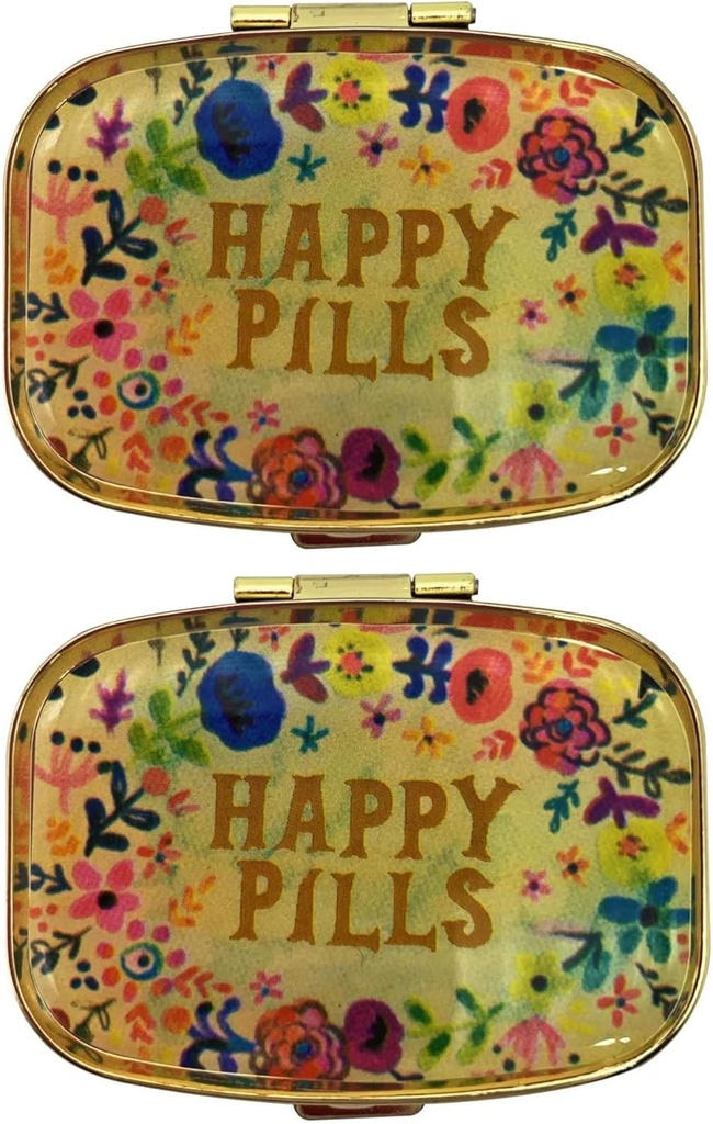2 Pachete de cutii drăguț pastile de călătorie prietenos portabil Compact Metal Pilula organizator cutie pilula pentru a deține vitamine/Tylenol/Pish ulei/Supplements/Meds/Tablet pentru Purse/Pocket (Pilule fericite)