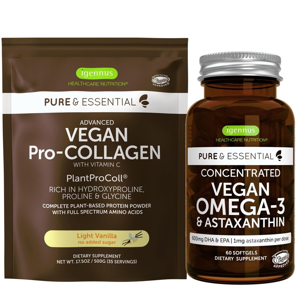 Vegan Vanilla Colagen Proteine pulbere & Vegan Omega-3 Bundle, Colagen complet Boosing Formula & Sustainable Algae Oil 1340mg, de Igennus