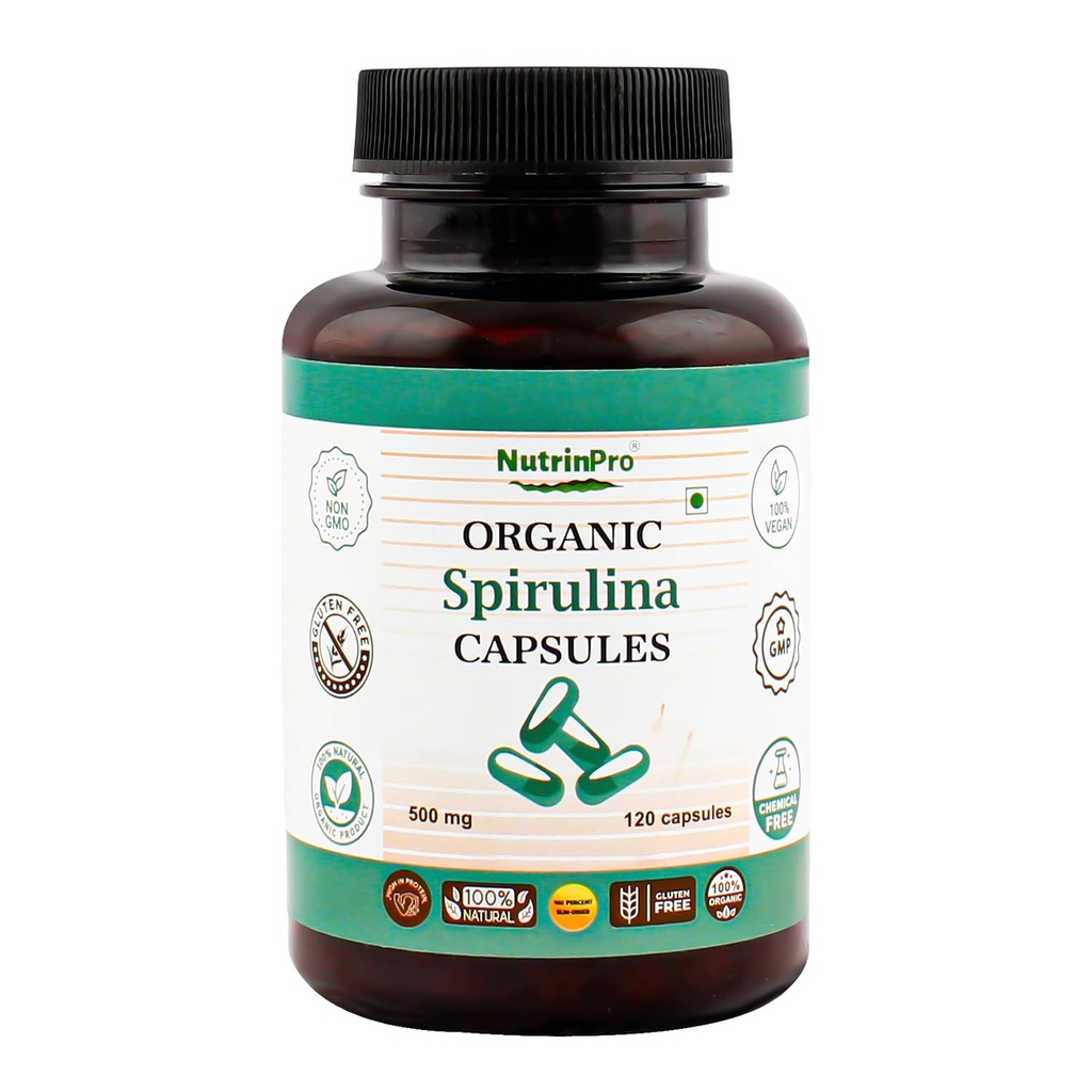 Capsulele de Spirulina organică USDA - 100% Pure Vegan Supliment, Non-GMO, Gluten-Free, Chemical-Free, (120)