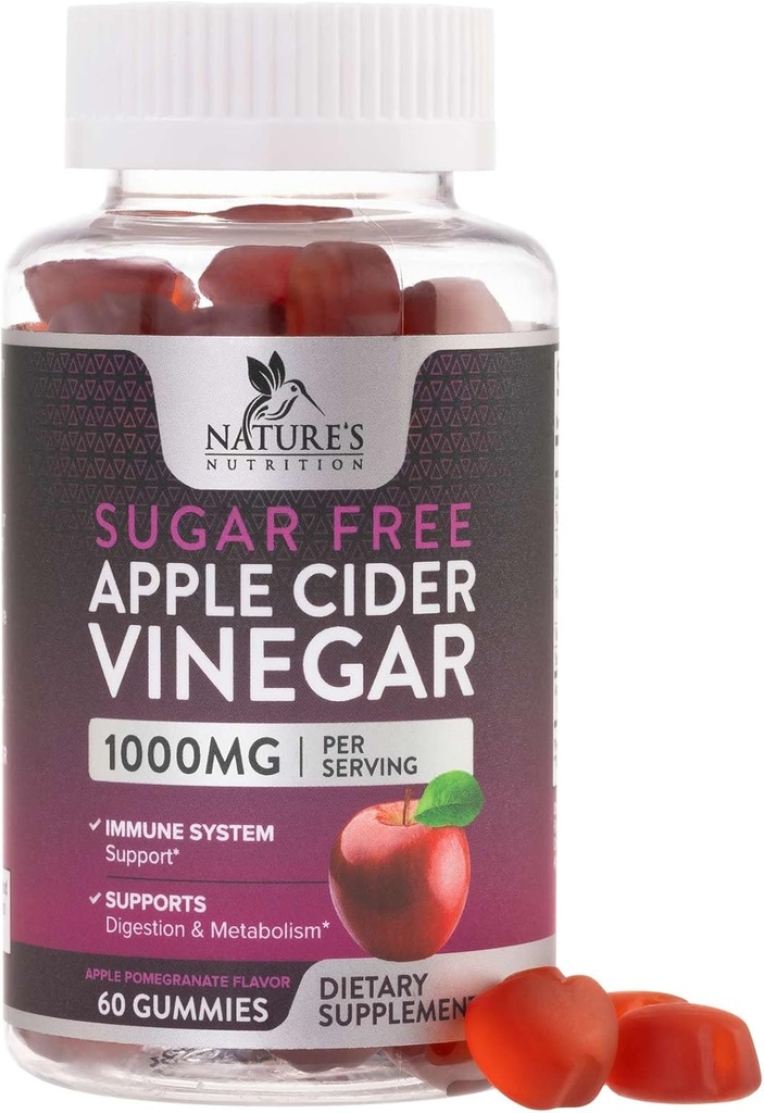 Apple Cidru Otet Gumries pentru pierderea in greutate 1000mg - Vegan Apple Otegar Gummy pentru Detox & Cleanse, ACV Supliment pastile, Vitamina B12, Sugar Gratuit ACV Gummy, Non-GMO, Nutritie Naturii - 60 Gummies