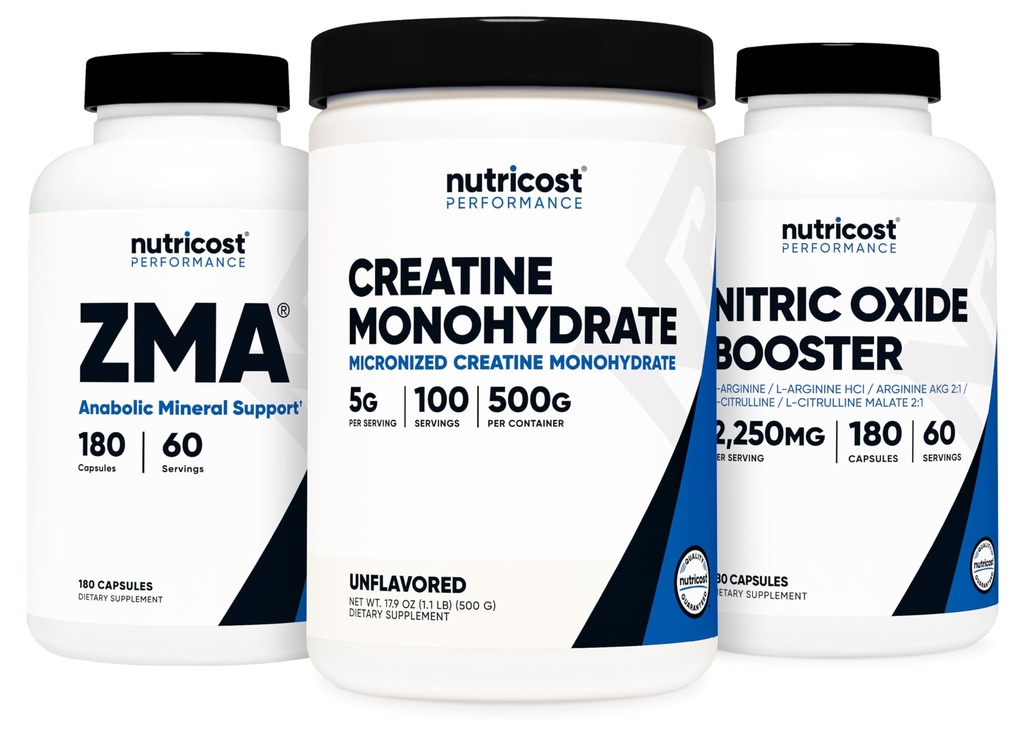 Nutricost Creatină 500 Grams, oxid de azot 180 Capsule şi ZMA 180 Capsule Bundle
