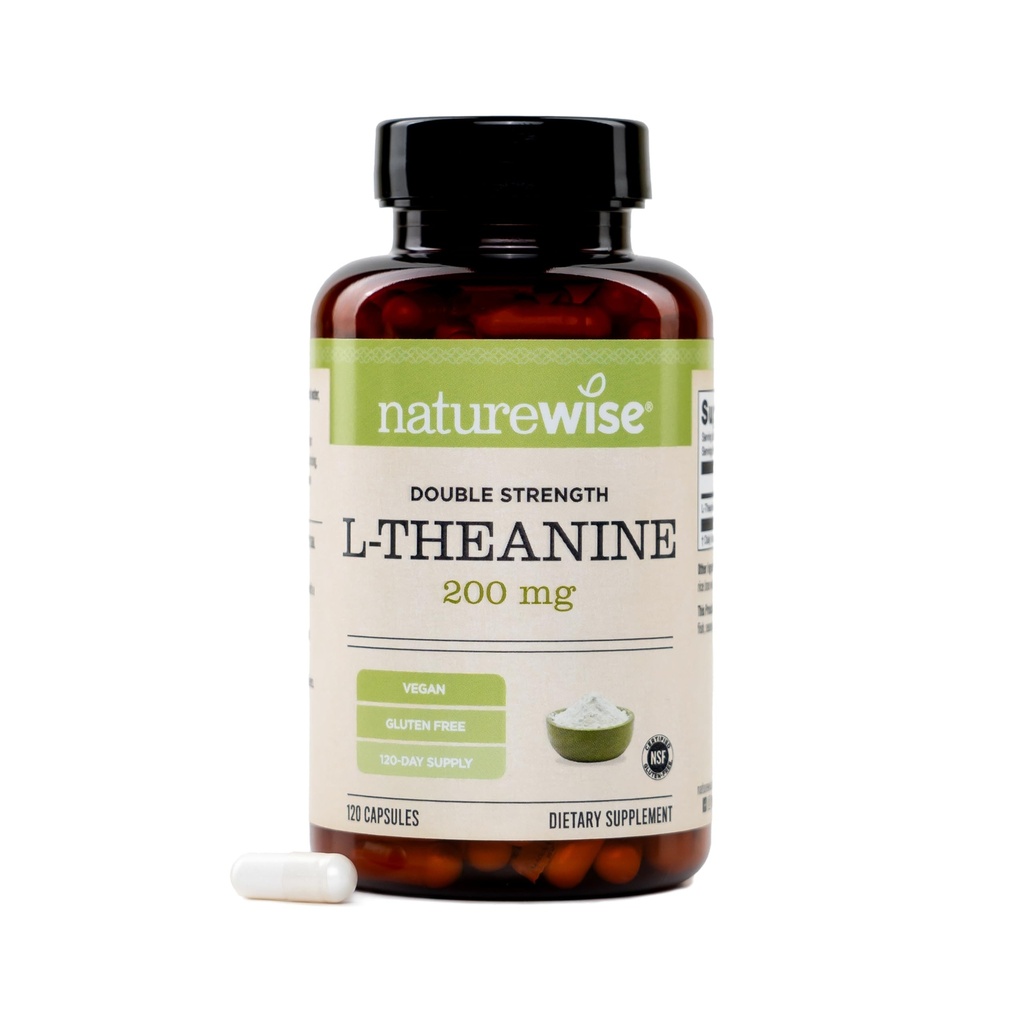 NatureWise Dublu Putere L-Theanine 200mg - Vegan L Theanine Supliment pentru relaxare + Sleep Support - NSF Certified L-Theanine - Non-GMO, Statele Unite ale Americii fabricate - 120 capsule[120 zile de aprovizionare]