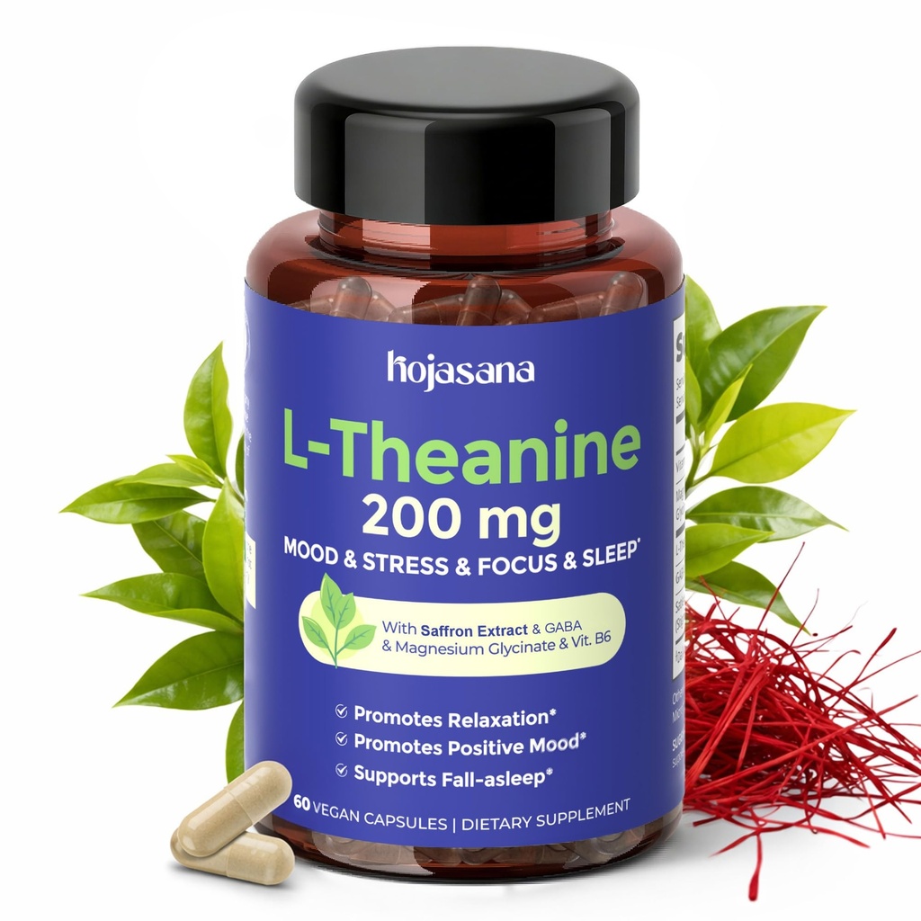 L Theanine 200mg cu Saffron, GABA, Magneziu Glicinate & Vitamina B6, L-Theanin Supliment Advanced Complex Formula pentru Relaxare Mood & Stresssess Relief & Sleep Support, 60 Vegan Capsule