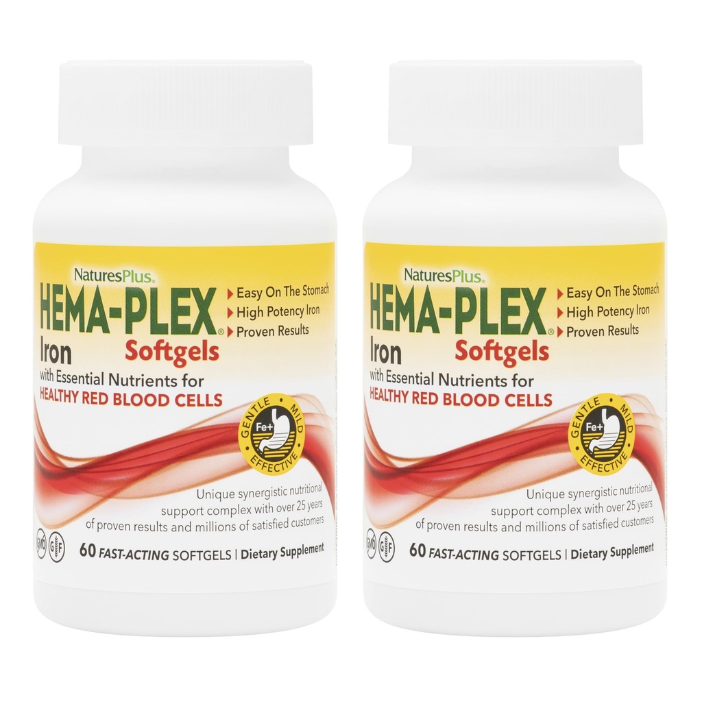 NaturasPlus Hema-Plex fier - 60 Softgels cu acţiune rapidă - 2 Pack - 85 mg Fier + vitamina C & Bioflavonoids pentru celule roşii sănătoase din sânge - Vegan, gluten gratuit - 40 Total serviri