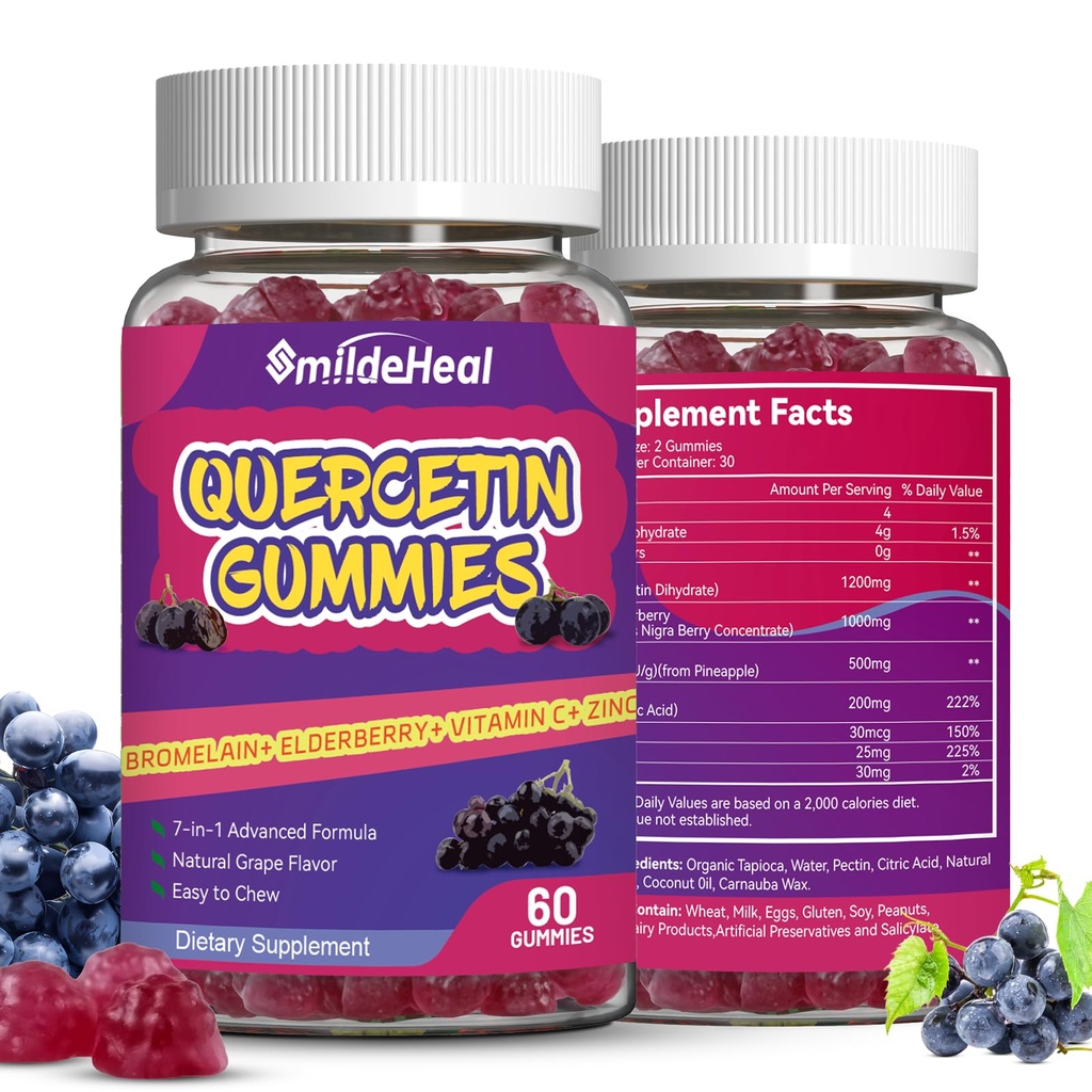 2 Pack Querbetin Gummies 1200MG, Querbetin Gummies cu Bromelain, Zinc Vitamina C, Immune System Vegan Gummy pentru Adult & Kid, 120 Vegan