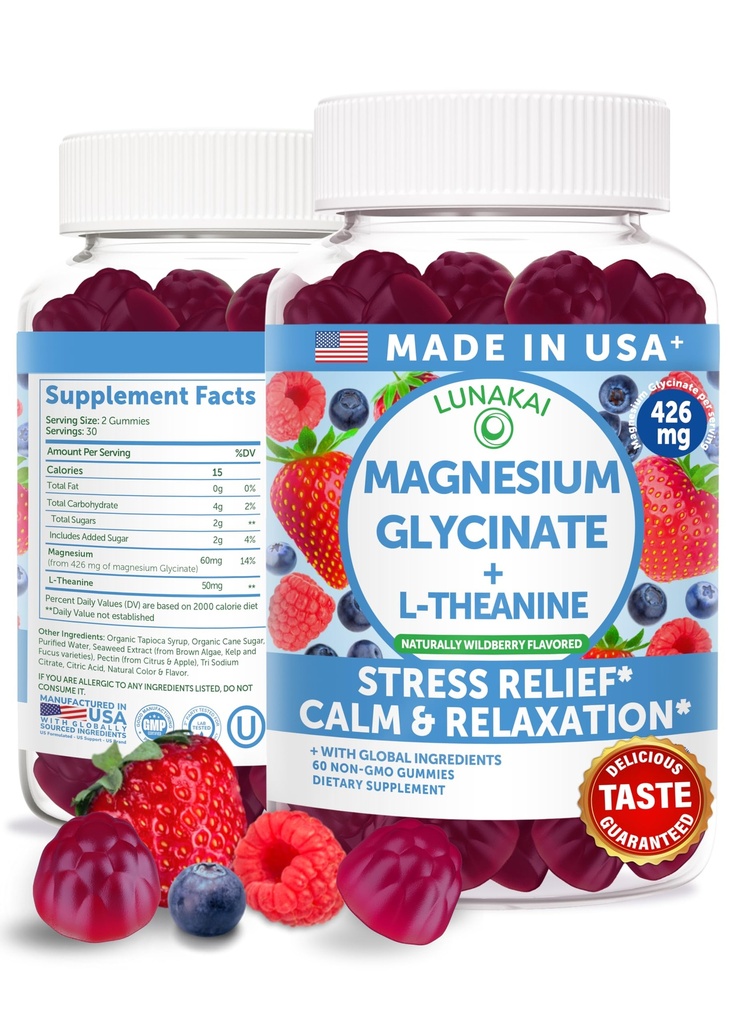 Lunakai Statele Unite ale Americii Made Magneziu Glycinate Gumries 426 mg cu L-Theanin 