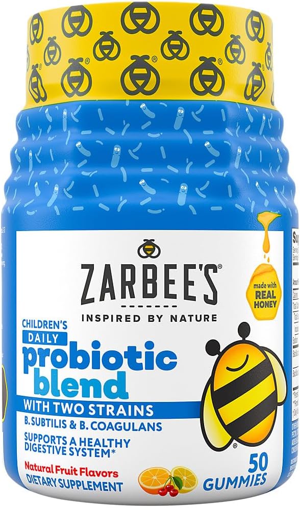 Zarbee's Kid Daily Probiotic Blend Gummies cu 2 tulpini pentru suport digestiv; Ușor de mestecat; Gluten-Free & Drug-Free; Vârsta 2+; Aromă de fructe naturale; 50 Conte