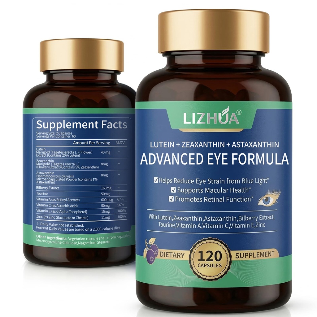 Lutein 40mg & Zeaxantină 8mg Vitamine Ochi, cu Astexantină, Bilberry, Taurină, Vitamine A C Zinc, Albastru Light & Suport macular, 120 Capsule Veggie