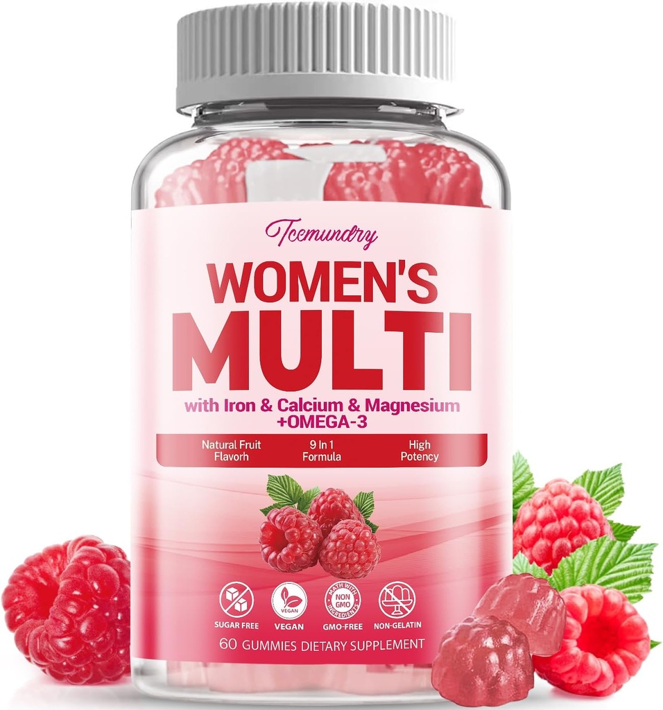 Femei fără zahăr Gumiile multivitaminei - Multivitamine de mare absorbţie pentru femei Gummy cu Omega-3, Astaxantină, Calciu, Fier, Vitamina A, C, D3, K2, E, B6, B12 - Suporturi piele, păr, Energie, Imune
