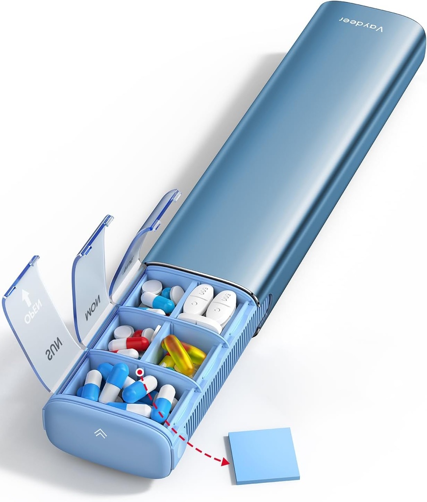 Vaydeer 7 Day Weekly Pill Organizator (Suport de 2 ori pe zi), Metal Travel Pill Case, Capacitate mare Zilnic Drăguț cutie de pastile pentru suplimente, pastile, vitamine și medicamente (Blue)