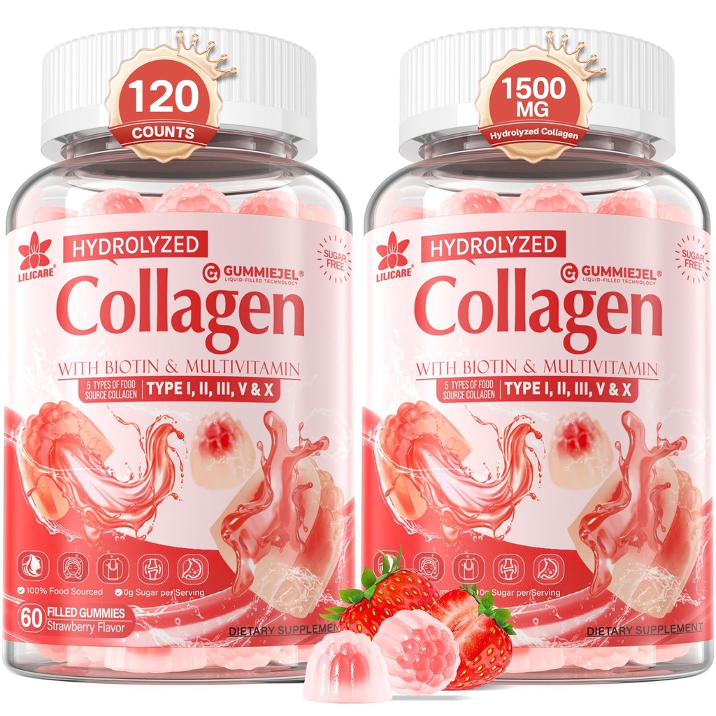 2Pack Sugar-Free Colagen Peptide Peptide umplute pentru femei si barbati, cu 1500mg Proteina tip I,II,III,V,X, 5000mcg Vitamina Biotina C A D3 B6 B12 pentru digestia imuna a unghiilor de par, os