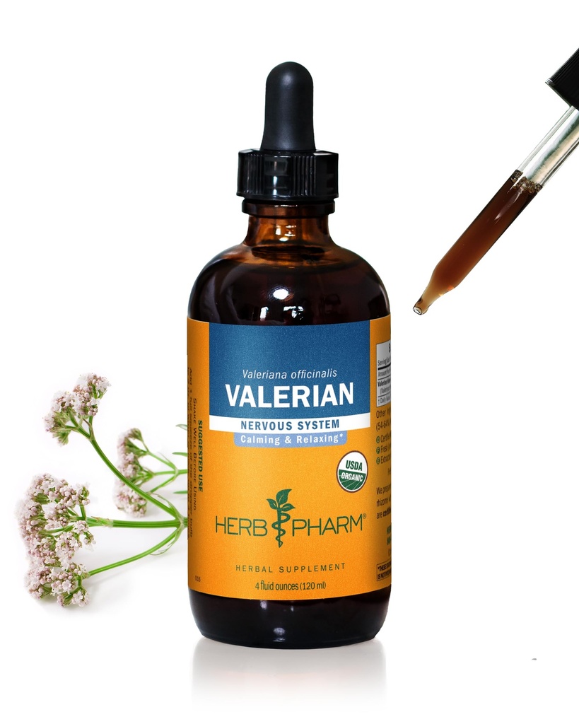 Herb Pharm Certified Organic Valerian extract lichid pentru relaxare și somn odihnitor, Alcool organic din trestie, 4 Ounce