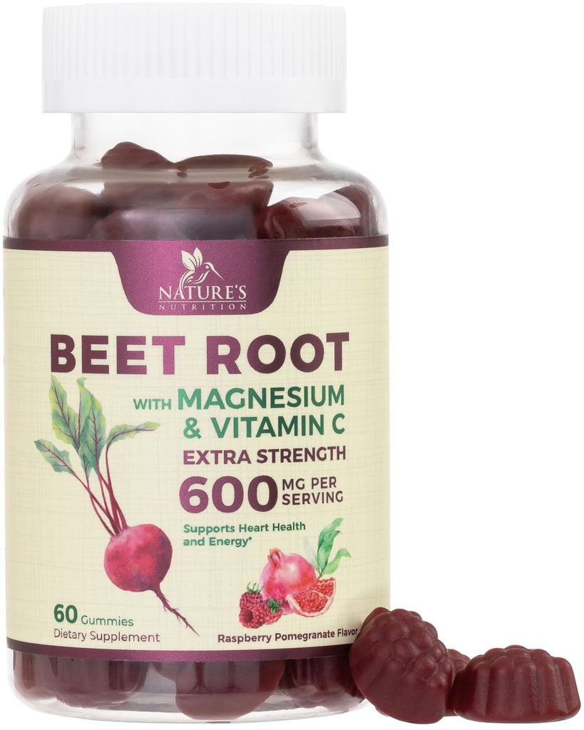 Sfeclă Supliment Gumries - 500 mg Per Servire cu praf de extract de sfeclă Vitamina C & Magneziu - Suporturi Energie Heart Health & Nitrooxid de oxid - Red Beets Suplimente Gummy - 60 Gummie