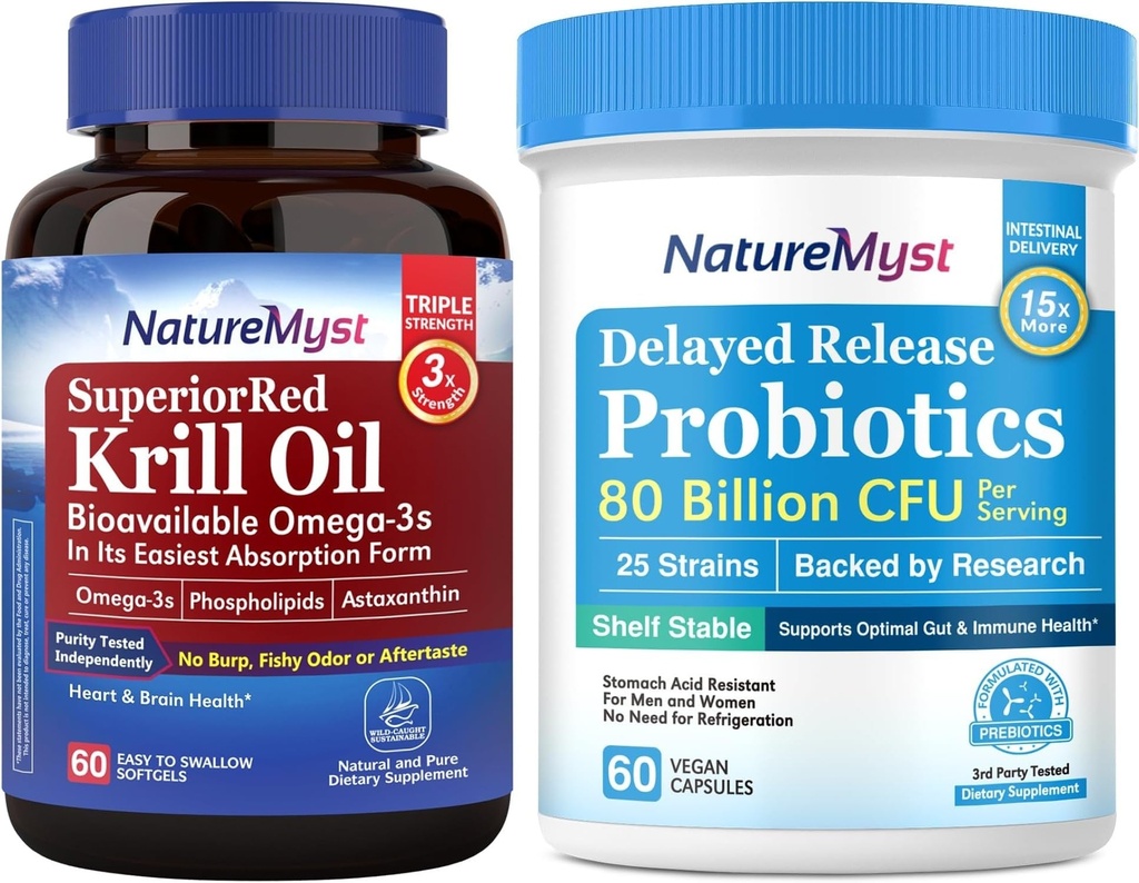 Krill Oil 1000mg și Probiotics Bundle, Omega 3s cu DHA EPA și Astaxantină, Plus 80 Miliarde CFU 25 Tulpini, Gut, Heart & Immune Function, Non-GMO, Made in USA, 60 Softgels + 60 Capsule