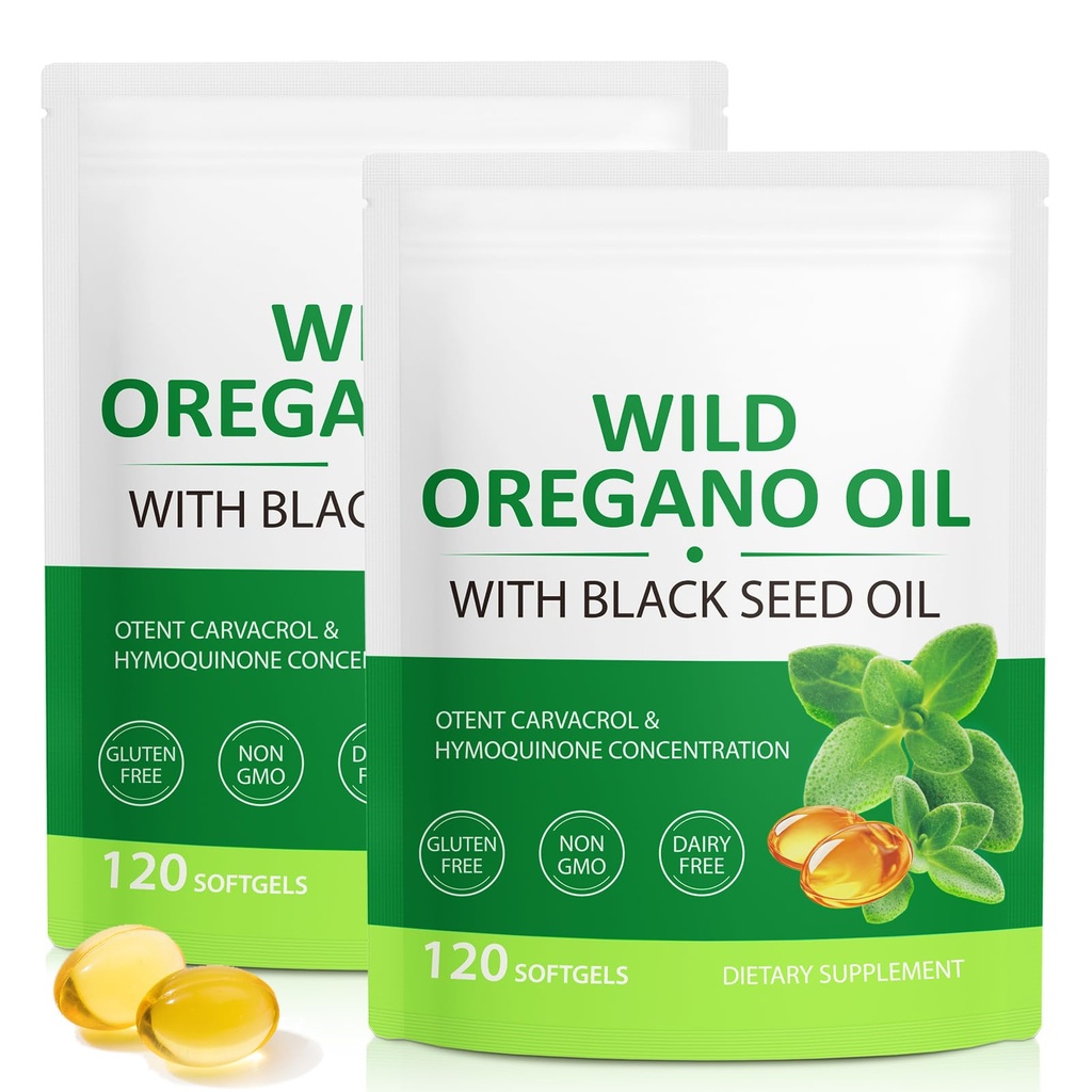 Ulei de Oregano Softgels 6000mg, 2 la 1 Formulat cu ulei de semințe negru 200mg, Suport imun, Capsule de ulei Oregano Organic, Supliment de apărare naturală, Non-GMO, Ușor de înghițit, 240 Softgels