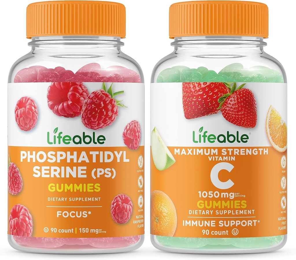 Fosfatidilserină (PS) vie + vitamina C 1050mg, Gummie Bundle - mare Tasting, Supliment de vitamine, Gluten gratuit, OMG-uri gratuit, Guma de mestecat