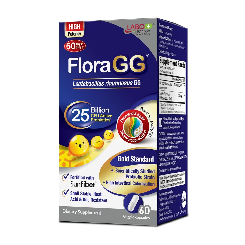 Labo Nutrition FloraGG Lactobacillus Rhamnosus LGG 25 Miliarde CFU Daily (LGG Probiotic cu sunfiber) 5-Layer Microencapsulat L. Rhamnosus Supliment 