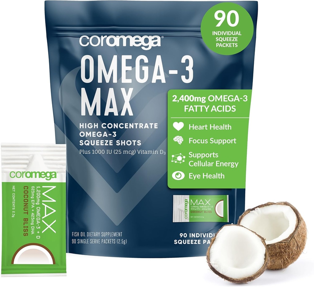 Coromega MAX 2400mg Ulei de peşte Omega-3 + Vitamina D Pachete de îngheţată, Wild-Caught, fără gust de peşte - 3X mai bine absorbţie decât Softgels, susţine creierul şi Heart Health (90 Serviri, Bliss nucă de cocos)
