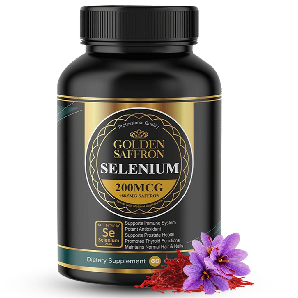 Golden Saffron Seleniu (200mcg Seleniu & 88,5 mg Saffron Extract) - pentru a sprijini sănătatea generală, non-GMO, Gluten Free, Dairy Free, cu Unique și Advanced Formula 