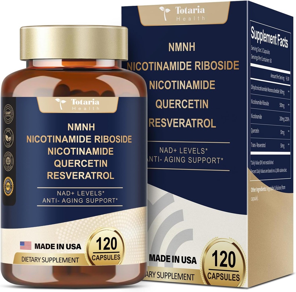 Totaria NMNH (Dihidronicotamidă Mononucleotidă), NMNH Supliment w/Niacinamidă (Vitamina B3), Querbetin, Trans-Resveratrol, Suport NAD+, Skin Cell Health*, Anti-Aging & Energy, 120 Caps