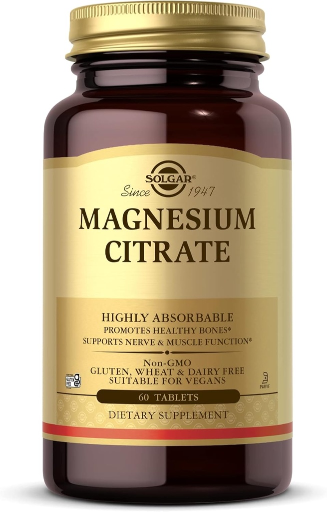 Citrat de magneziu Solgar - 60 comprimate - Promovează oase sănătoase, susține funcția nervoasă și musculară - extrem de absorbabil - non-GMO, Vegan, Gluten gratuit, Kosher - 30 Serviri