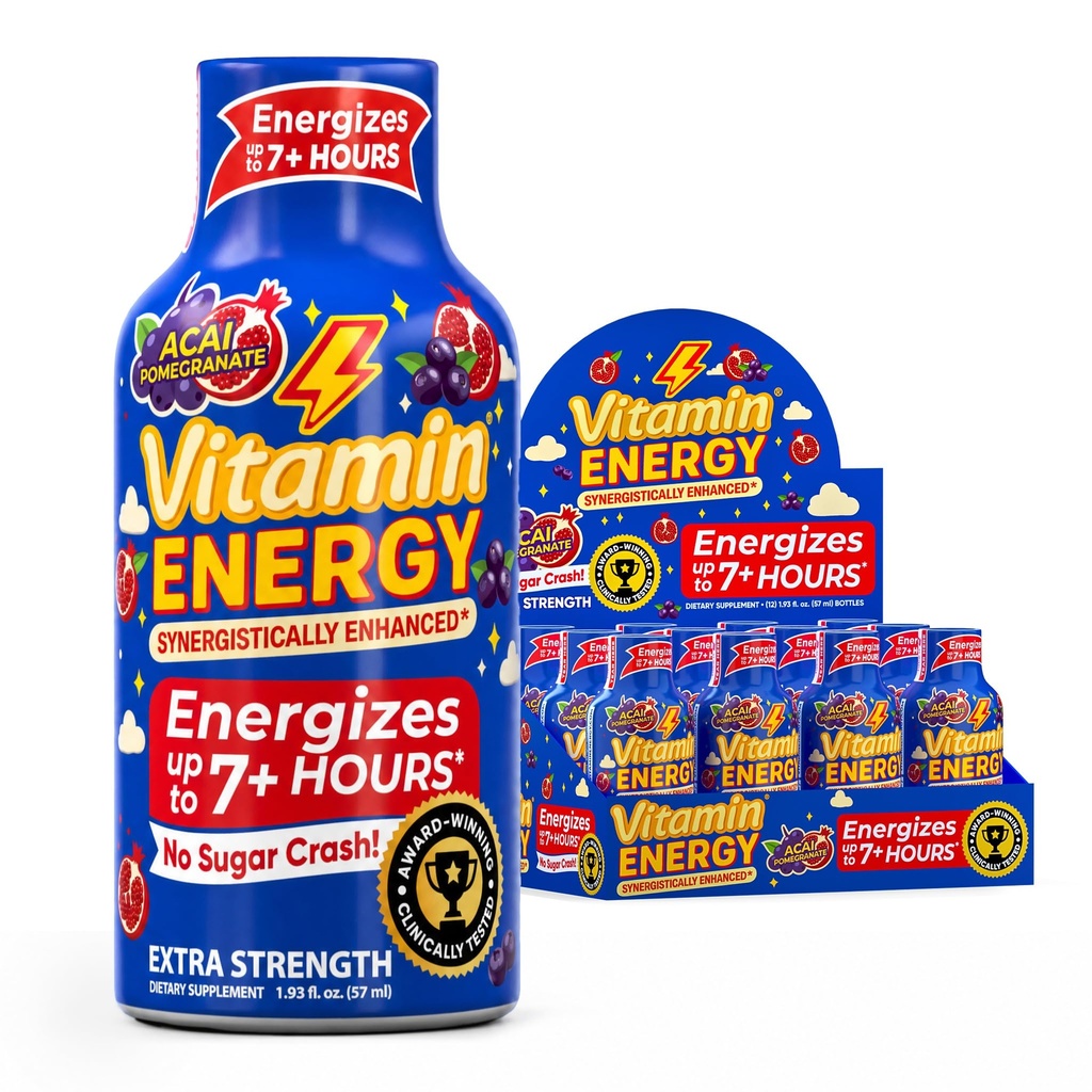 Vitamina Energie B12 11,000% Extra Putere Energie Shot Açaí rodie 12 Pack, 260mg Natural Cafeina, B12 & B6, Nootrop Focus, Vitality, Zero Zahăr, Gluten-Free, Vegan, Kosher, 1.93 fl oz