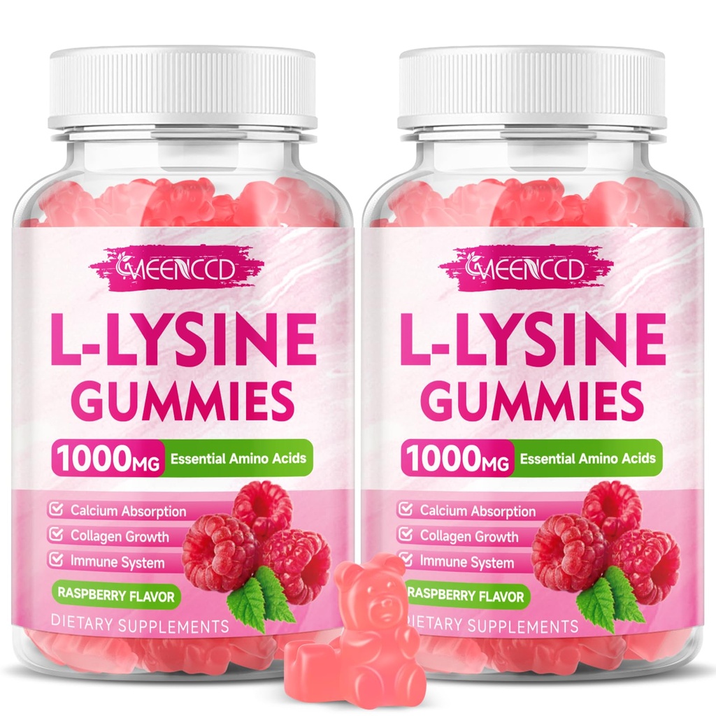 2 Pack L-Lysine 1000mg Gummies, Lysine Supliment pentru adulți și copii, Acid amino esențial pentru buze și sănătatea orală, Boost Imune & Colagen & Calciu, Zahăr-Free, Aroma de zmeură, 120 Conte