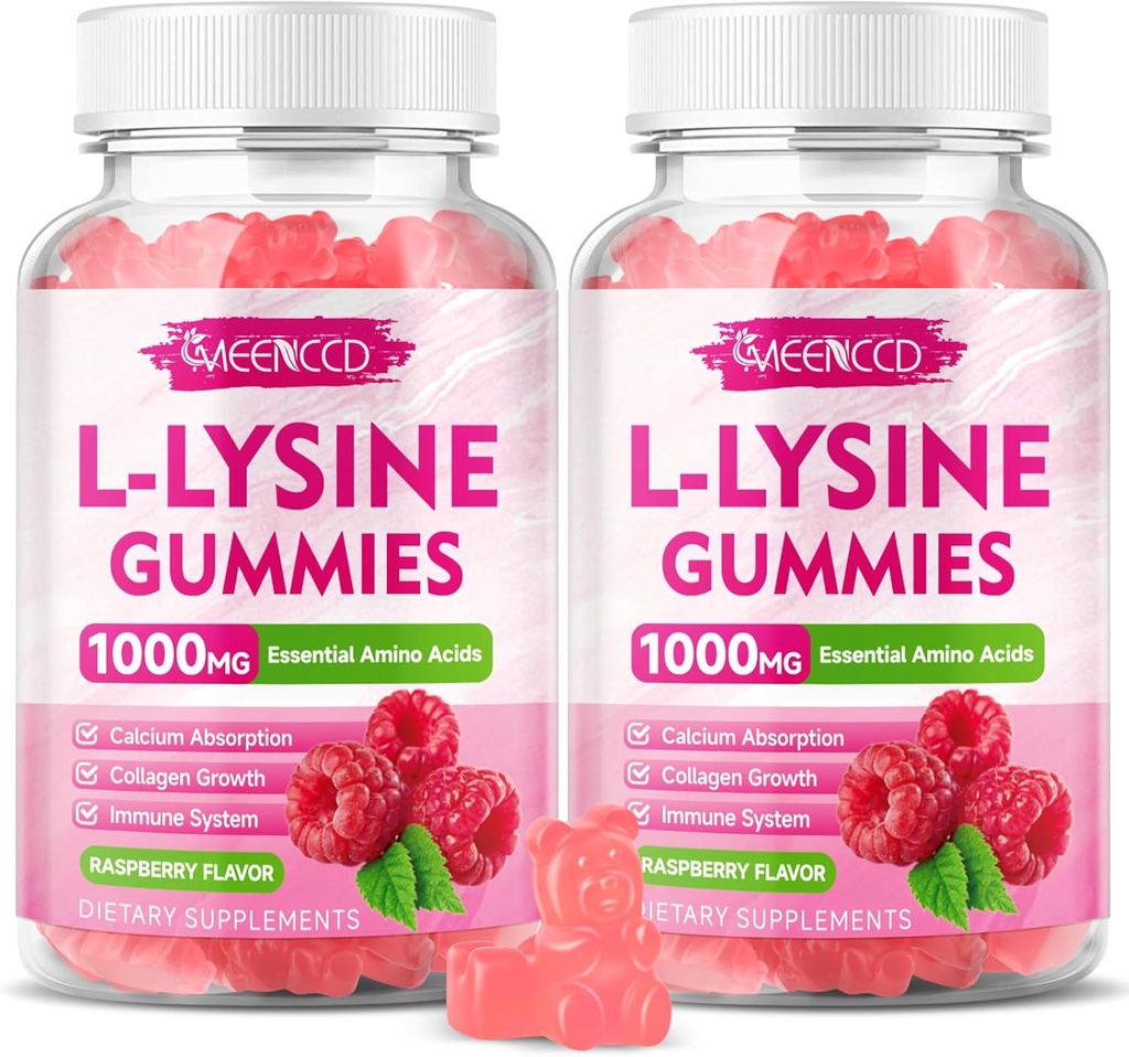 2 Pack L-Lysine 1000mg Gummies, Lysine Supplement for Adults & Kids, Essential Amino Acid for Lips & Oral Health, Boost Immune & Collagen & Calcium, Sugar-Free, Raspberry Flavor, 120 Count