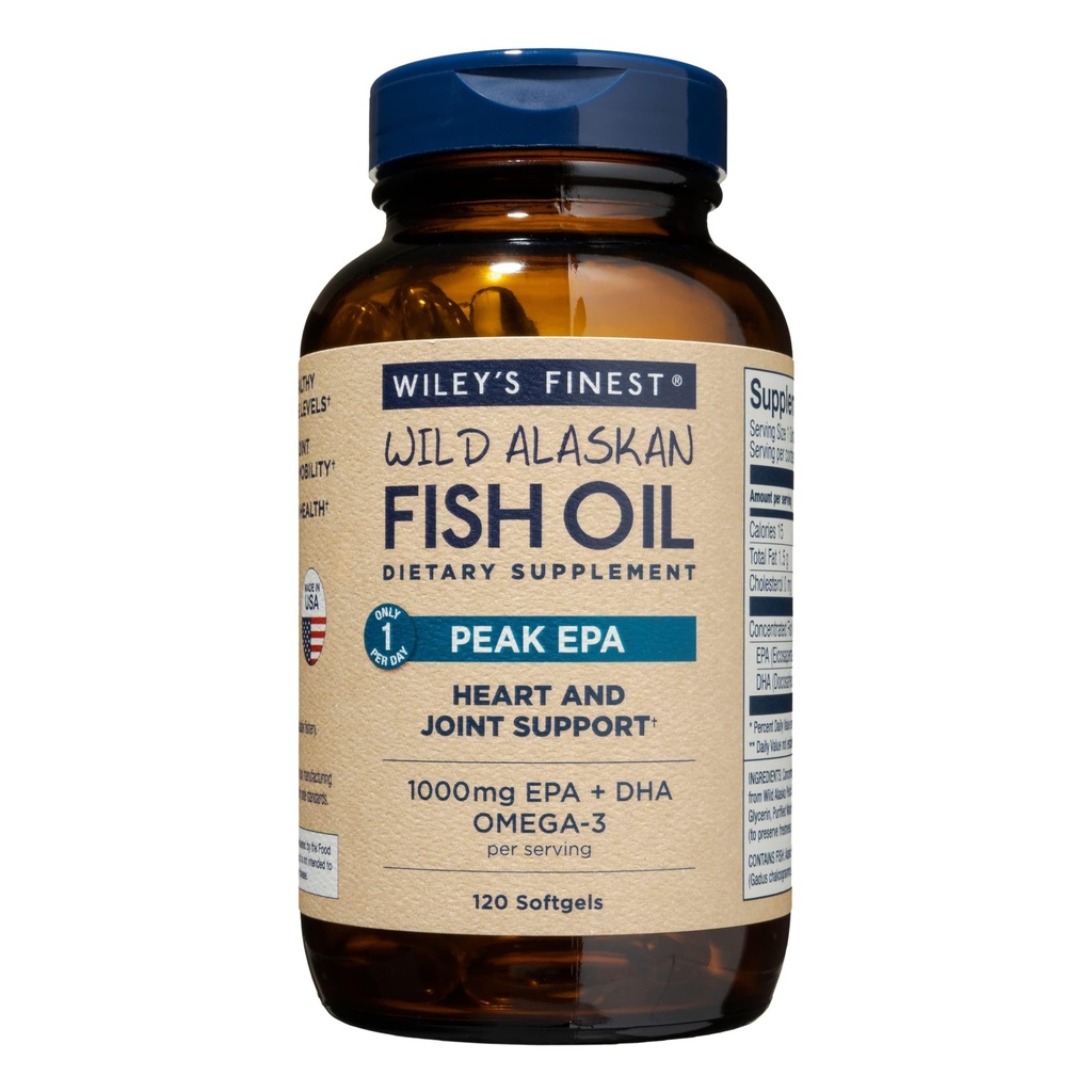 Wiley's Finest Wild Alaskan Fish Oil Peak EPA - Triple Putere Vârf EPA & DHA Supliment - 1000mg Ulei de pește - Omega-3s pentru sprijin comun de sănătate - 120 Softgels (120 Servings)