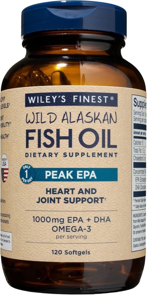 Wiley's Finest Wild Alaskan Fish Oil Peak EPA - Triple Strength Peak EPA & DHA Supplement - 1000mg Fish Oil - Omega-3s for Joint Health Support - 120 Softgels (120 Servings)