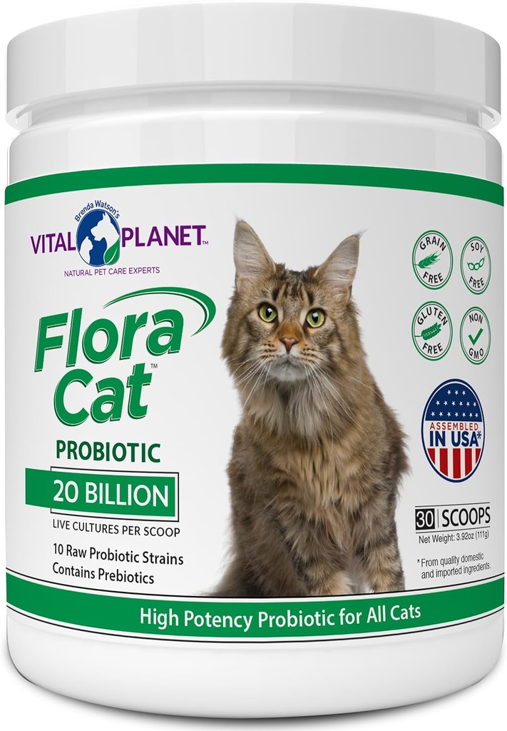 Planeta Vital - Flora Cat Powder Suplimentul Probiotic cu 20 de miliarde de culturi și 10 benzi diferite Probiotice de mare potențial pentru toate pisicile pentru Digestive feline și suport imunitar 30 Scoops 3.92 oz