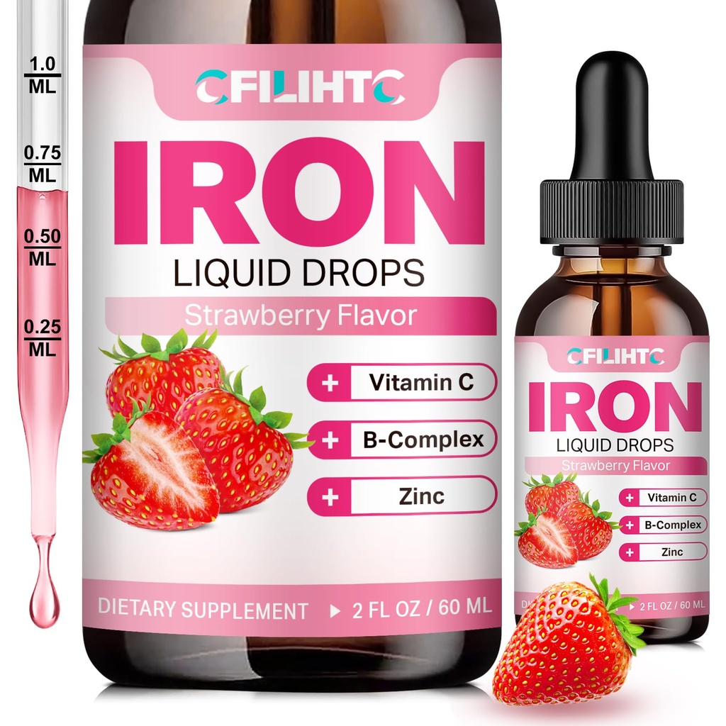 Supliment de fier lichid pentru femei Bărbaţi şi copii Multivitamine Picături de fier cu Folate, Vitamina C, B6, B12, Zinc pentru anemie, Deficit de fier, Blood Builder, Energie - Aroma naturala de capsuni, Vegan 2 Fl Oz
