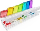 Fullicon Weekly Pill Organizator 7 zile rapid Fill & Spill Proof Proiectat cutie de pastile mari cu etichete gratuite de călătorie Medicina Organizator pentru Medicina, Vitamina, Ulei de pește, Supliment (Rainbow Clear)