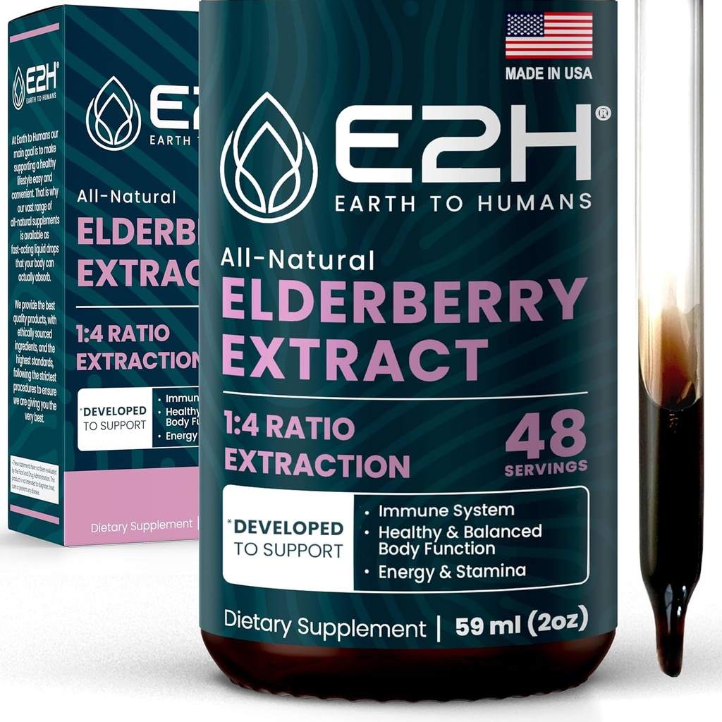E2H Elderberry Syrup - supliment antioxidant puternic din extract de boabe de soc organice - Sambucus Elderberry Syrup pentru copii si adulti pentru suport imun - non-GMO, Vegan - 2 Fl Oz