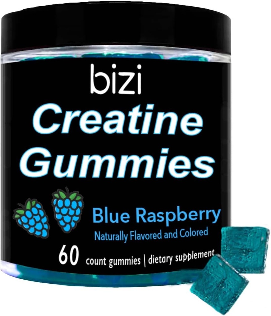 Gume de creaţie Bizi pentru bărbaţi şi femei - 1g de Creatină Monohidrat per Gummy - Pepene verde - Antrenament, creşterea musculară şi de recuperare - Vegan & Gluten gratuit (60 ct) (Zmeură albastră)