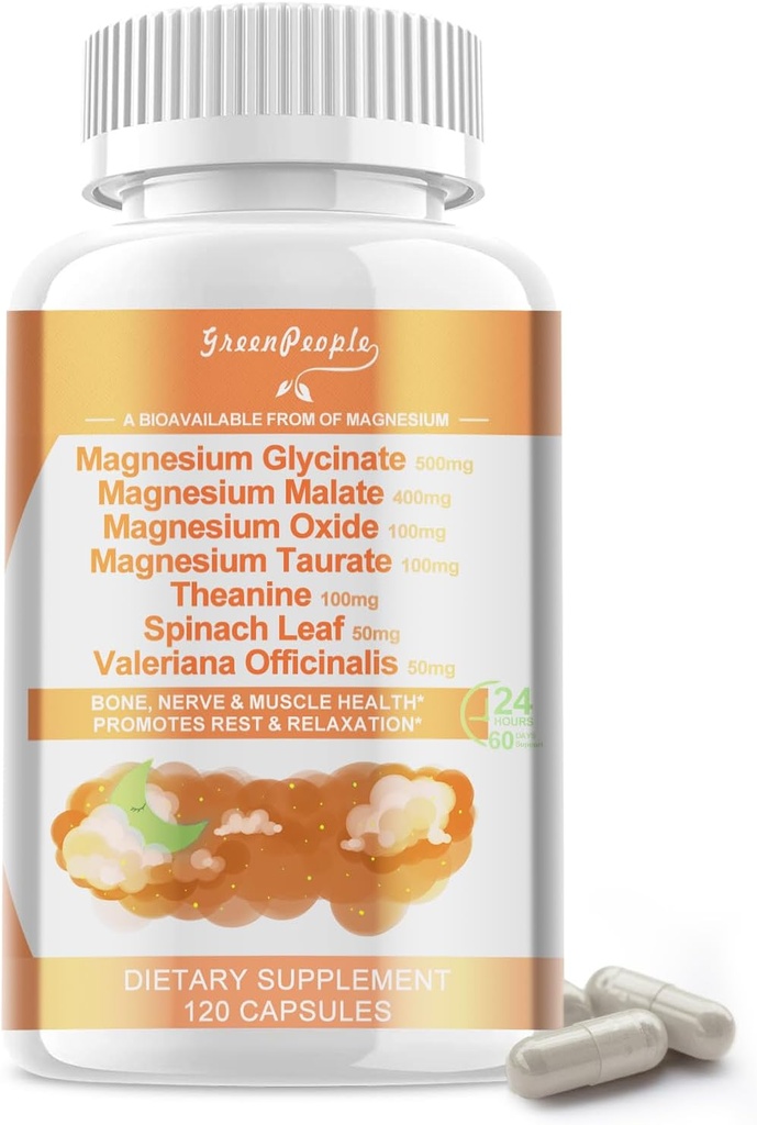 Glicinat de magneziu 500 mg per Servire, cu Malat, Taurat & Oxid, Supliment de magneziu pentru muschi, Bone, Sleep şi Digestion Support, 120 Capsule Vegane, Non-GMO