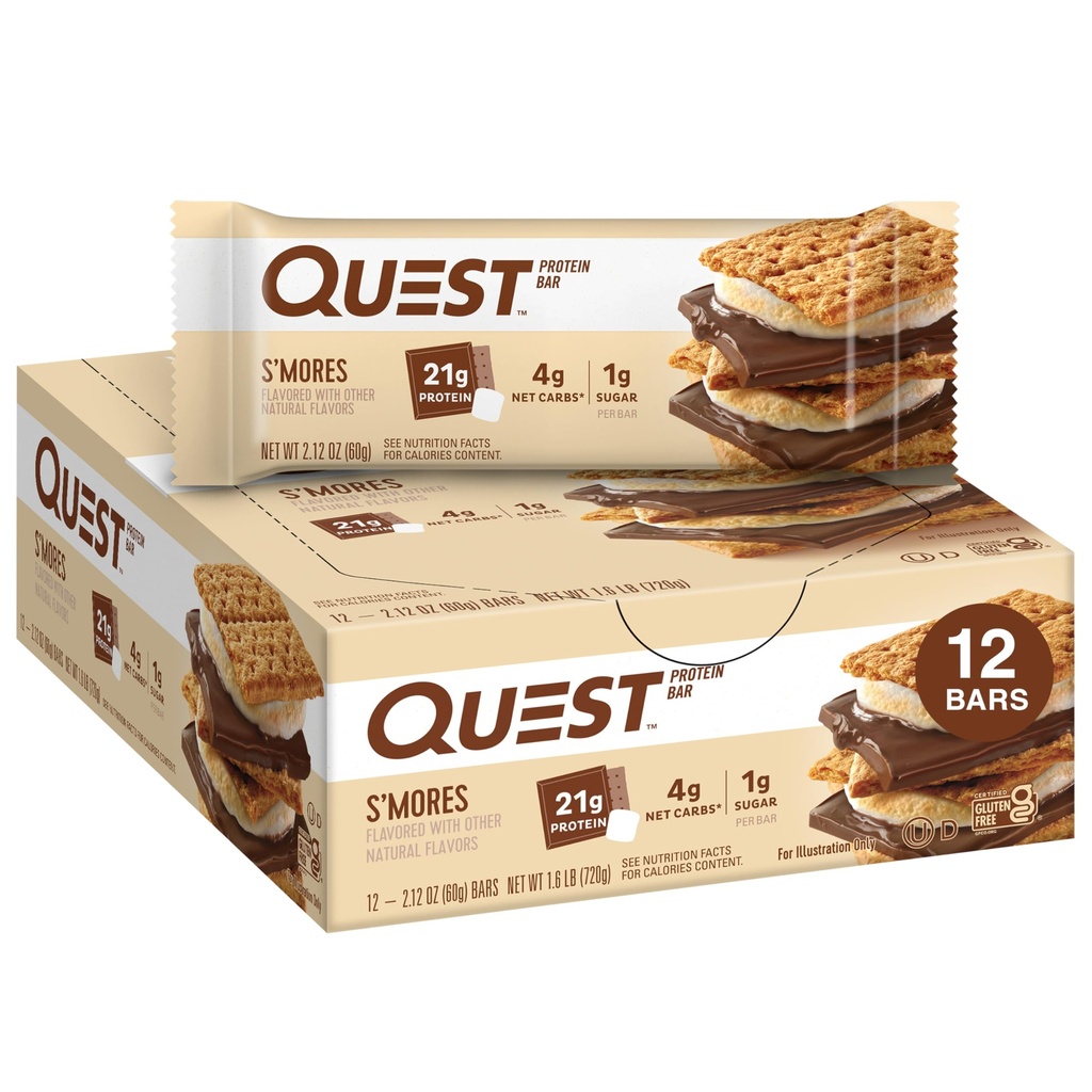 Quest Nutrition S'mores Proteine Bars, 21g Proteine, 1g Zahăr, 4g Net Carb, Gluten Free, Keto Friendly, 12 Conte