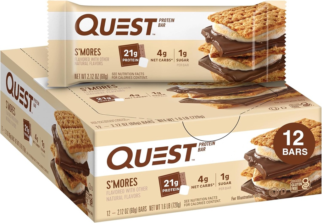 Quest Nutrition S'mores Proteine Bars, 21g Proteine, 1g Zahăr, 4g Net Carb, Gluten Free, Keto Friendly, 12 Conte