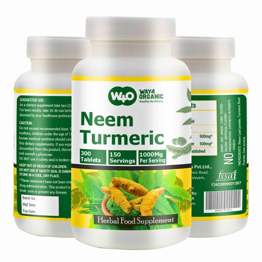 Neem Capsule Turmeric (Tabelts) - Azadirahta comprimate Indica de înaltă calitate, frunze de Neem și turmeric în raport egal - 300 comprimate, 150 Serving, 1000 Mg. Pachet de 1.