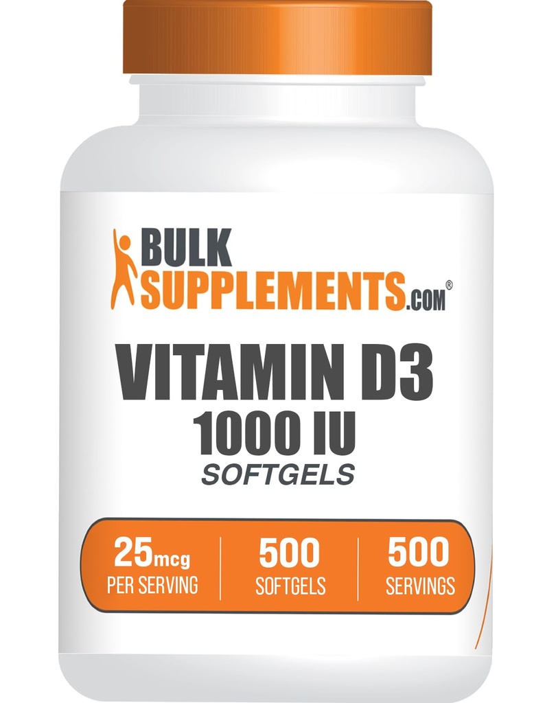 BulkSupplements.com Vitamina D3 1000UI Softgels - Colecalciferol, D3 Supliment, Vitamina D 1000 UI - 1 Vitamina D3 Softgel (25mcg de vitamina D) per Serving, 500 Conte (Pachet de 1)