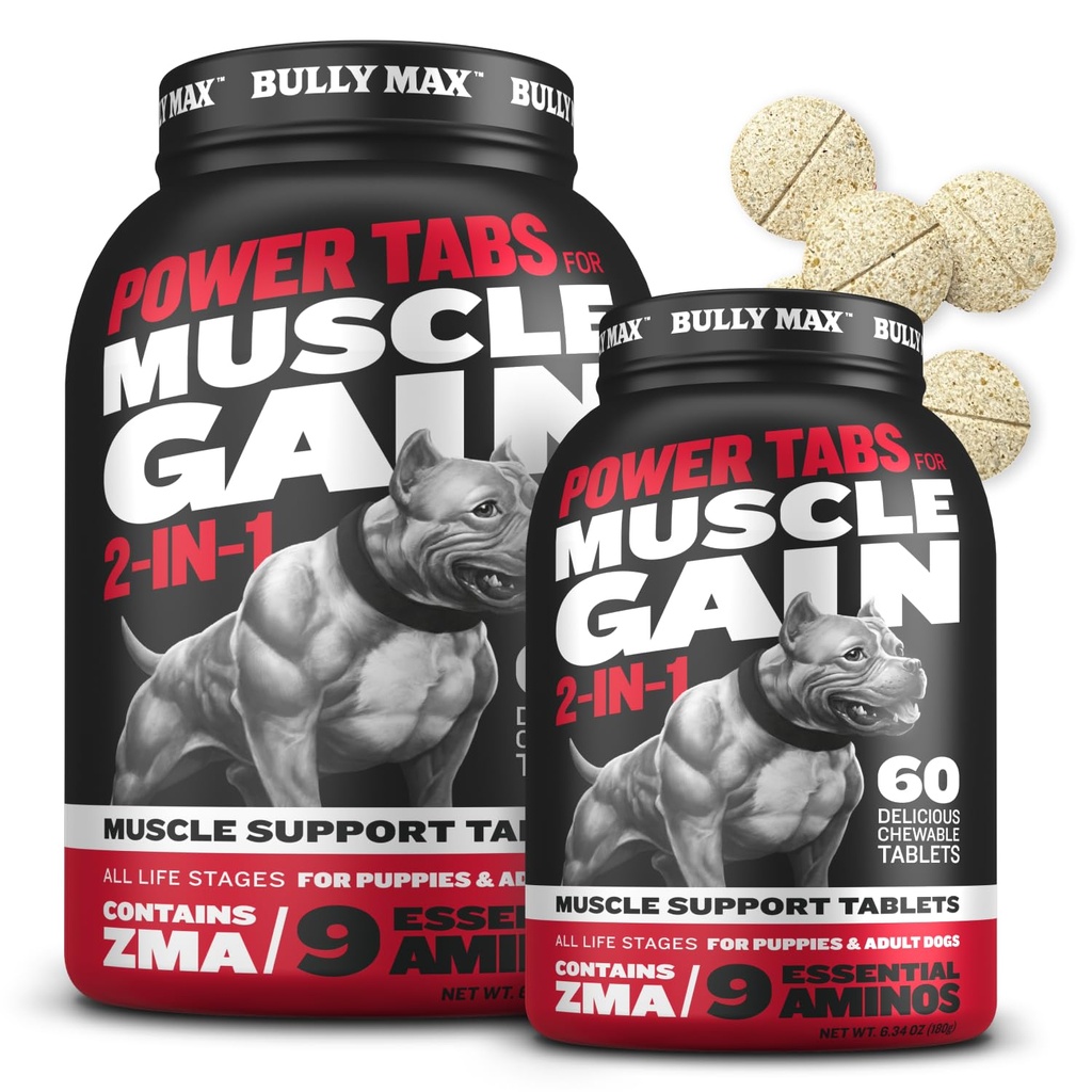 Bully Max 2-in-1 Muscle Builder Tablete masticabile pentru căței și câini adulți - Vitamine de câine și suplimente pentru creșterea și creșterea mușchilor - canin catelus multivitamine pentru toate rasele și vârstele - 60 Tabs (2 sticle)