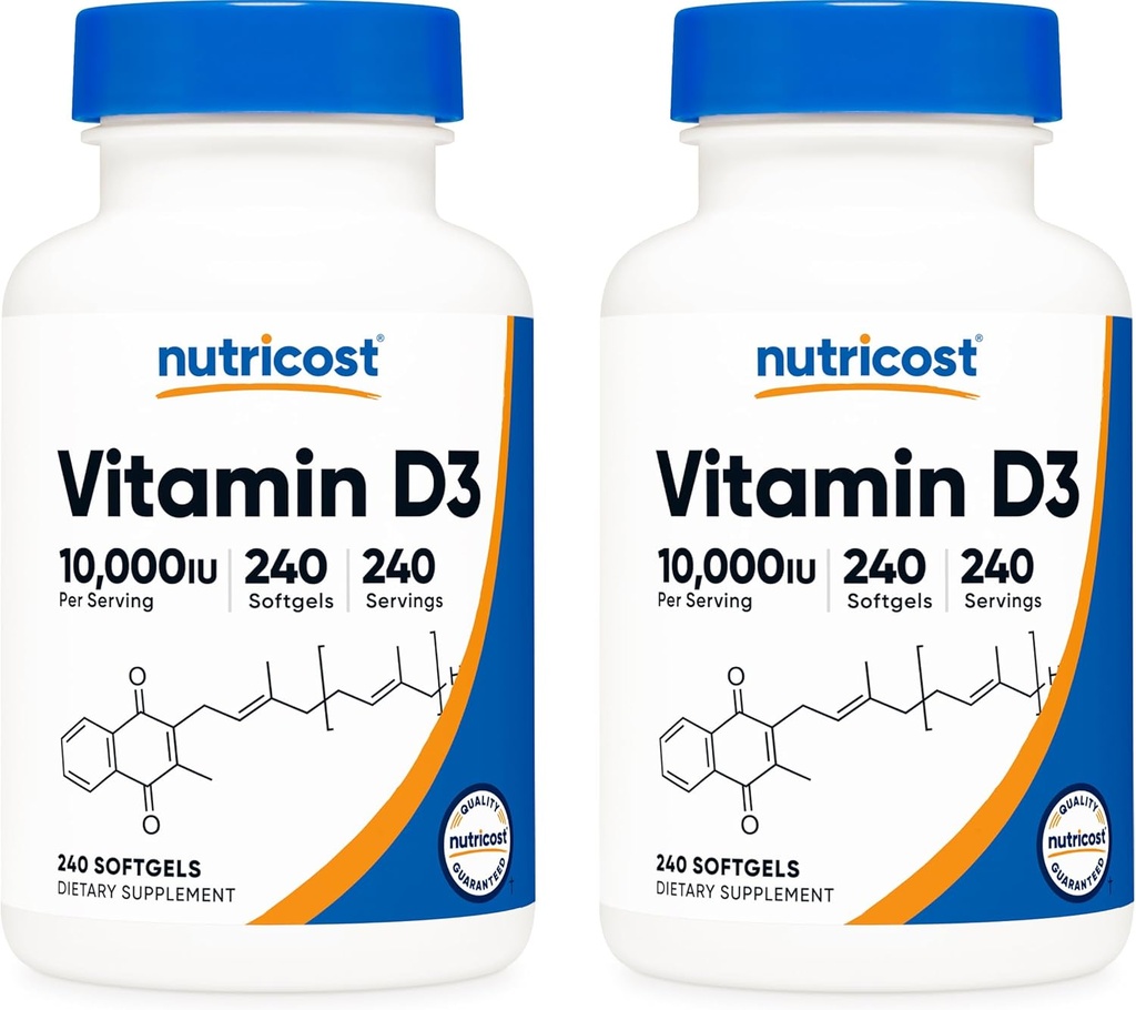 Nutricost Vitamina D3 10000 UI, 240 capsule moi cu gel (2 flacoane)