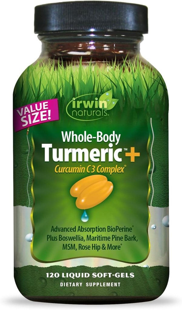 Irwin Naturals Whole-Body Turmeric + Curcumin C3 Complex - 120 lichid Soft-Gels - cu Boswellia, Maritime Pine Bark, MSM & Rose Hip