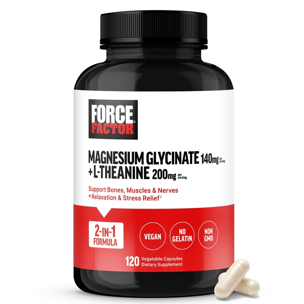 Force Factor Magneziu + L-Theanin, Magneziu Bisglicinat Supliment pentru a sprijini oase, mușchi, nervi, relaxare, și Mood, Vegan, No Gelatină, Non-GMO, 120 Capsule vegetale