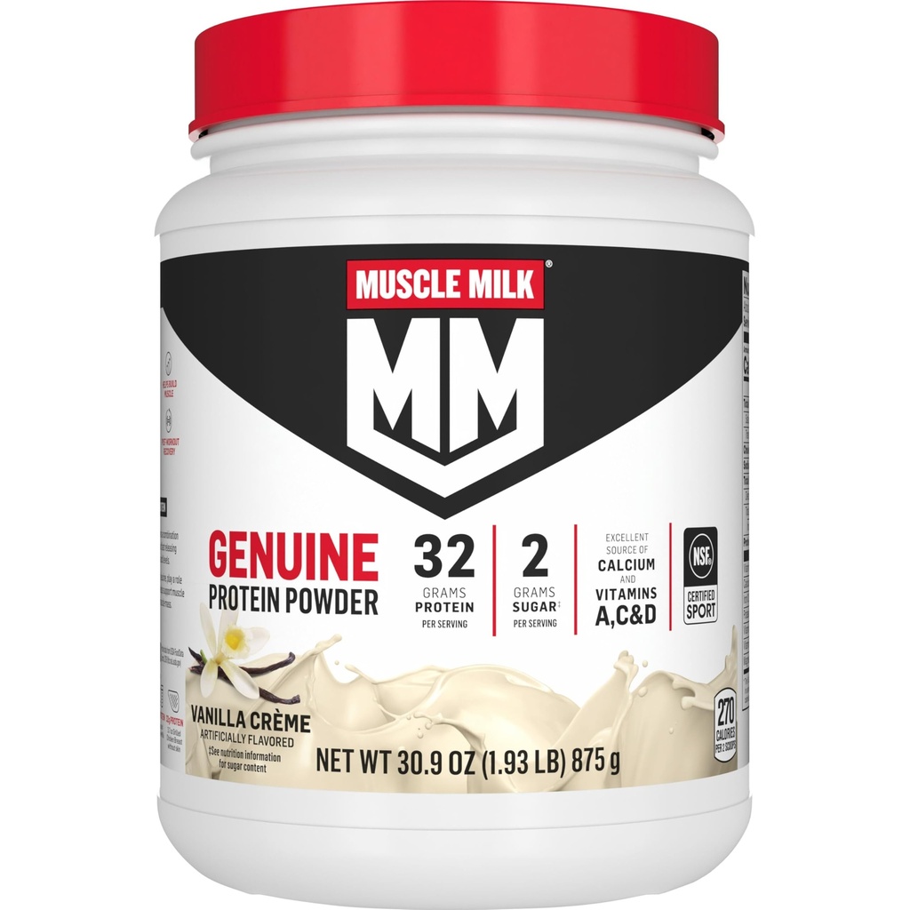 Muscle Lapte praf de proteine autentic, Vanilla Creme, 1.93 Lire, 12 Serviri, 32g Proteina, 2g zahăr, Calciu, Vitamine A, C & D, NSF Certificat pentru Sport, Energizant Snack, Ambalaje mai Vary
