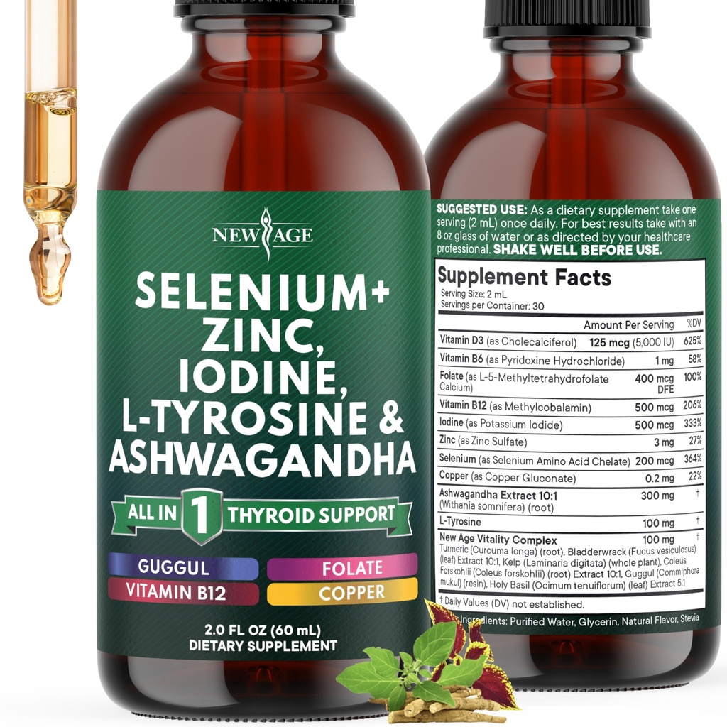Picături de suport tiroidian - Seleniu, zinc, iod, L Tyrosine, Ashwagandha, Turmeric, Schisandra Guggu, Cayenne, Basil - supliment lichid Folate Copper Alcool -Free, Vegan, Non-GMO