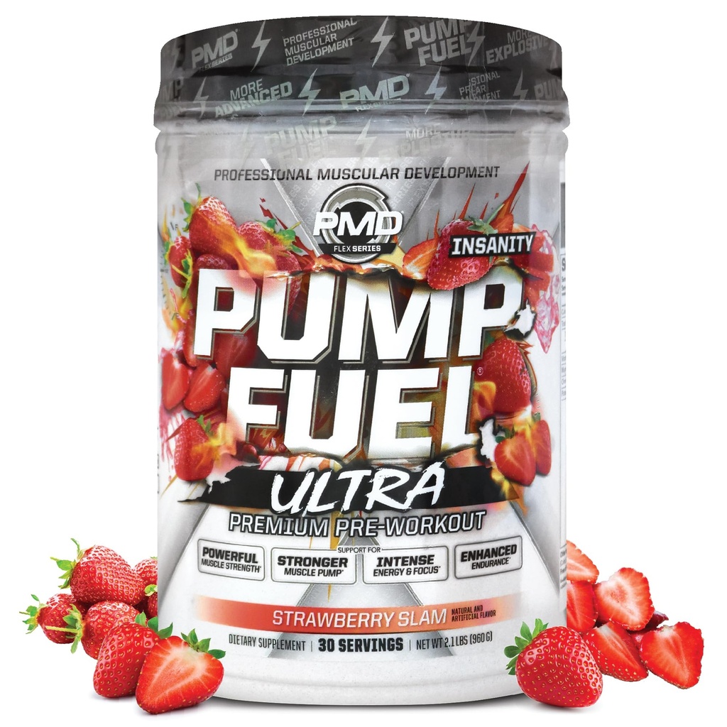 PDM Sport Pompă de combustibil Ultra Nebunie - Premium Pre Workout pulbere și pompa musculară, Focus mai mare, Endurance & Recovery, Creatină premium, Arginine & Beta Alanine - Strawberry Slam (30 Servings)