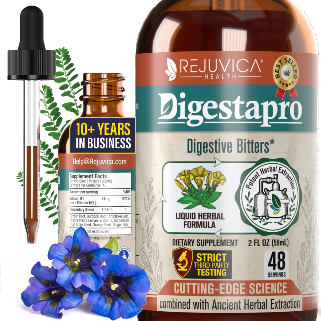 Rejuvica Health DigestaPro - Advanced Digestive Bitters Supplement - Livrare lichida pentru o mai buna absorbtie - Gentian, Artichoke, Buddock, Chanca Piedra, Ginger & More!