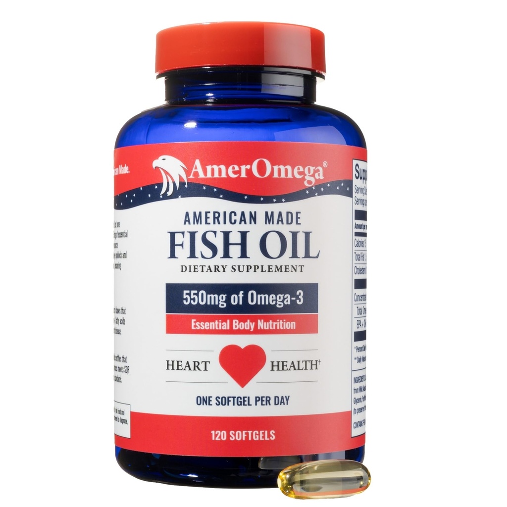 AmerOmega Trigliceride Omega-3 Ulei de pește pentru inima de asistență pentru sănătate - Alaska-Caught Alaska Walleye Pollock - American-Sourced, American-Made - Non-GMO, Gluten-Free & Dairy-Free - 120 Softgels