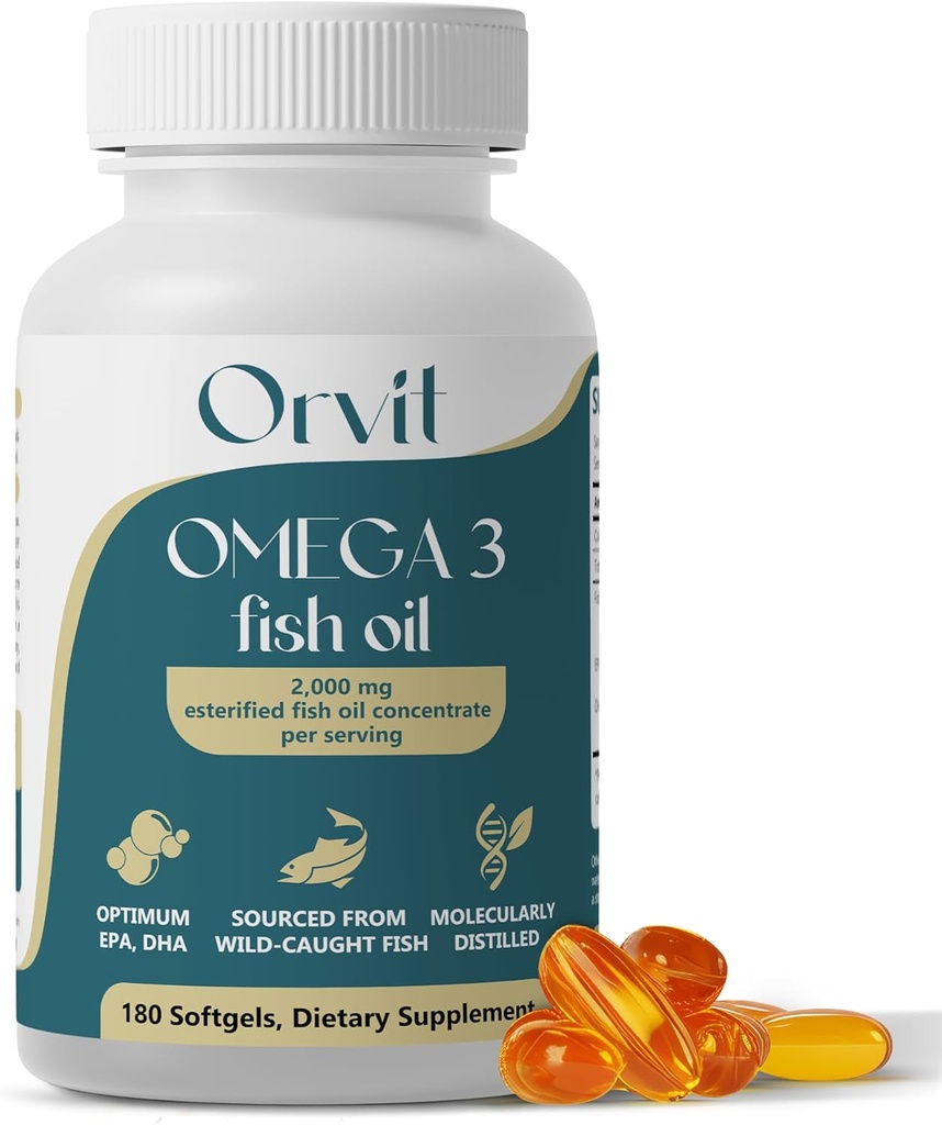 ORVIT Omega 3 Ulei de pește Softgel 2000 mg - Ultimate EPA DHA Supliment pentru bărbați și femei - Burpless - Nu gust de pește - 180 Softgels nearomatizate - Organic, Non OMG - Made in the USA